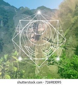 Sacred Geometry symbols and elements in nature. Vector illustration banner. Geometric Logo Design. Alchemy, math, nature, religion, philosophy, spirituality, hipster Symbol. Occult and Mystic Sign.