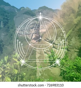 Sacred Geometry symbols and elements in nature. Vector illustration banner. Geometric Logo Design. Alchemy, math, nature, religion, philosophy, spirituality, hipster Symbol. Occult and Mystic Sign.