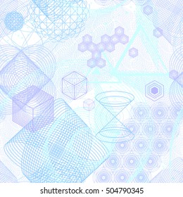 Sacred geometry symbols and elements seamless wallpaper pattern. Cosmic, universe, bin bang, alchemy, religion, philosophy, astrology, science, physics, chemistry and spirituality themes. 