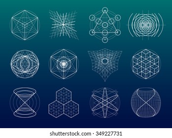 Sacred geometry symbols and elements set. 12 in 1. Alchemy, religion, philosophy, astrology and spirituality themes