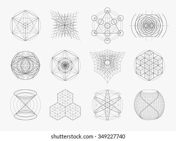 Sacred geometry symbols and elements set. 12 in 1. Alchemy, religion, philosophy, astrology and spirituality themes