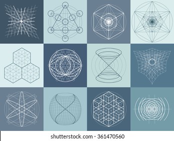 Sacred geometry symbols and elements set. 12 in 1. Alchemy, religion, philosophy, astrology, spirituality, hipster, masons and spirituality themes. Sacred signs. 