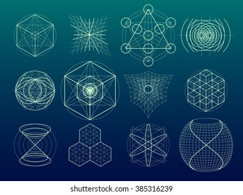 Sacred geometry symbols and elements set. 12 in 1. Alchemy, religion, philosophy, astrology and spirituality themes