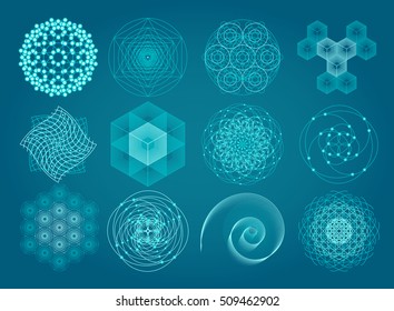 Sacred geometry symbols and elements set. 12 in 1.  Cosmic, universe, big bang, alchemy, religion, philosophy, astrology, science, physics, chemistry and spirituality themes. Matter, space, time.