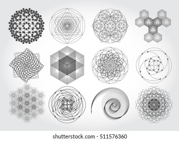 Sacred geometry symbols and elements set. 12 in 1.  Cosmic, universe, big bang, alchemy, religion, philosophy, astrology, science, physics, chemistry and spirituality themes. Matter, space, time.