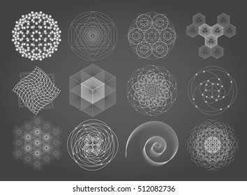 Sacred geometry symbols and elements set. 12 in 1.  Cosmic, universe, big bang, alchemy, religion, philosophy, astrology, science, physics, chemistry and spirituality themes. Matter, space, time.