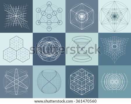 Sacred geometry symbols and elements set. 12 in 1. Alchemy, religion, philosophy, astrology, spirituality, hipster, masons and spirituality themes. Sacred signs. 