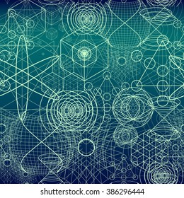 Sacred geometry symbols and elements wallpaper seamless pattern. Textile design, abstract texture, surface pattern. Alchemy, religion, philosophy, astrology and spirituality themes