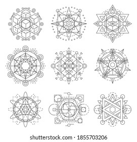 Símbolos de geometría sagrada, conjunto de vectores de astrología esotérica, sol tarot y cubo de metatrón. Símbolos de línea de geometría sagrada de flor de chakra, pentagrama místico y mágico, alquimia y señalización de mandala oculta