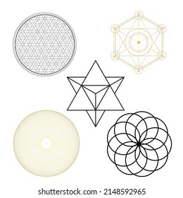 Sacred geometry symbols, gold and black isolated. The Eternal Life Lotus - The Perpetual Life Source Code - Lotus of Life, Flower of Life - Daisy of death, Metatron's Cube, Merkabah, Torus Yantra.