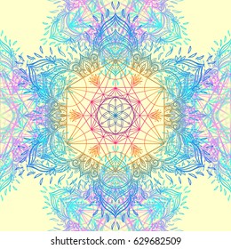 Sacred Geometry Symbols in Mandala seamless pattern. Vintage decorative elements. Hand drawn background. Islam, Arabic, Indian, ottoman motifs. Geometric circle element in vector. Kaleidoscope, yoga.