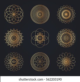 Sacred geometry symbols. Set of vector design elements isolated on black background
