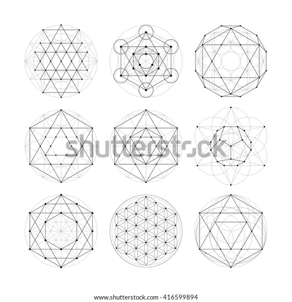 Sacred geometry\
symbols and signes vector illustration. Hipster tattoo. Flower of\
life symbol. Metatrons\
Cube.