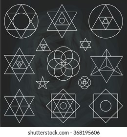 Sacred geometry symbols,icons.Vector outline objects.Vintage Alchemy, religion, philosophy, spirituality,hipster signs,elements.Sacred vector,buddhism,religion,historical set,ethnic shapes.Chalkboard