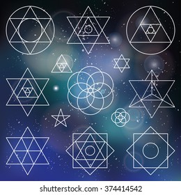 Sacred geometry symbols,icons.Vector outline objects.Vintage Alchemy,religion, philosophy,spirituality,hipster signs and element.Buddhism,religion,historical set,ethnic shapes.Blurred space background