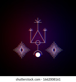 Sacred geometry symmetrical drawings with glitch effect. Mysterious figures, symbols, circle, triangle, eye etc. Design symbols for puzzle, logic, metroidvania, indie games. Vector stock illustration.