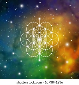 Sacred geometry tree of life vector illustration with golden ratio numbers, interlocking circles and particles in front of outer space background. 
