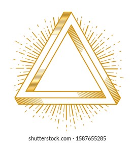 Sacred geometry triangle dimensional 3d impossible shape, vector logo or emblem design element.