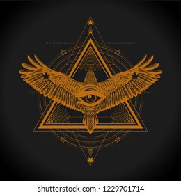 Sacred geometry. Triangle with  han drawn flying eagle and eye of providence.