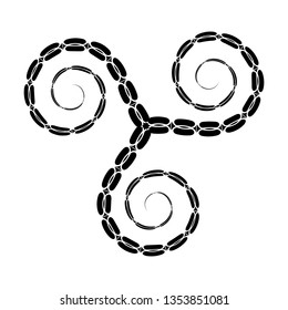 Sacred geometry. Trinity - fire, air, water. Elements of the nature. Amulet Vikings. Sign of Celts. Sun symbol. Ancient sign of eternal life. Scandinavian style. Triskelion. Triskele. Valknut. Tattoo.