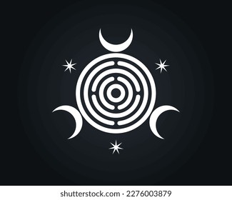 Sacred Geometry, triple Goddess of Witchcraft Spiritual Greco Roman. Witch Wicca Sigil, Mystical labyrinth, triple crescent moon, white logo design vector isolated on black background