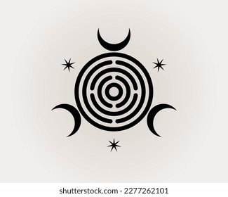 Sacred Geometry, triple Goddess of Witchcraft Spiritual Greco Roman. Witch Wicca Sigil, Mystical labyrinth, triple crescent moon, black logo design vector isolated on white background