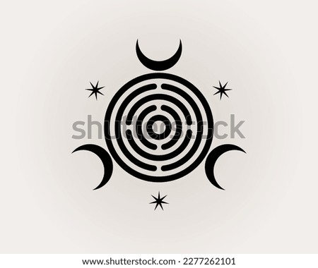 Sacred Geometry, triple Goddess of Witchcraft Spiritual Greco Roman. Witch Wicca Sigil, Mystical labyrinth, triple crescent moon, black logo design vector isolated on white background