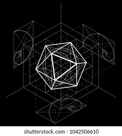 Geometría sagrada. Banner vectorial para su diseño abstracción geométrica en un fondo negro. Sección Dorada. Vector 10 pasos