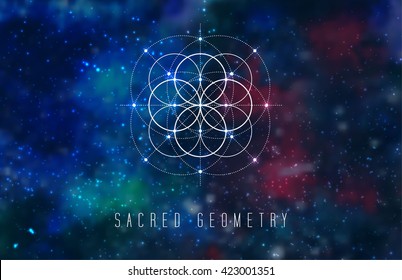 Sacred geometry vector design element. Alchemy, hipster sacred symbols on a abstract cosmic background with shining stars and color squares.