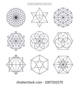 Sacred geometry vector design elements. Original outline vector (non expanded outline). Philosophy, spirituality, alchemy, religion, symbols and elements. White background.