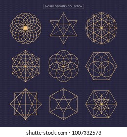 Sacred geometry vector design elements. Original outline vector (non expanded outline). Philosophy, spirituality, alchemy, religion, symbols and elements. Dark theme background.