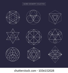 Sacred geometry vector design elements. Original outline vector (non expanded outline). Philosophy, spirituality, alchemy, religion, symbols and elements. Dark theme background.