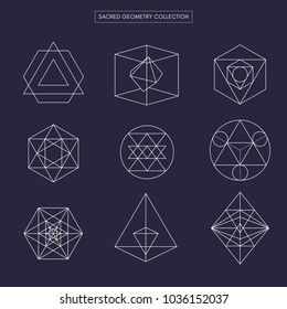 Sacred geometry vector design elements. Original outline vector (non expanded outline). Philosophy, spirituality, alchemy, religion, symbols and elements. Dark theme background.