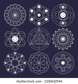 Sacred geometry vector design elements. Original outline vector (non expanded stroke). Philosophy, spirituality, alchemy, religion, symbols and elements. Dark theme background.