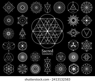 Sacred geometry vector design elements. Alchemy, religion, philosophy, spirituality, yantra hipster symbols and elements. Set collection, white tattoo signs isolated on black background 