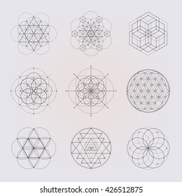 Sacred geometry vector design elements. Alchemy, religion, philosophy, spirituality, hipster symbols and elements. Black line on a gray background.