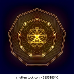 Sacred geometry vector golden polygonal symbol on dark background. Design for logo, game, cover, card.