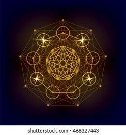 Sacred geometry vector golden symbol on dark background. Design for logo, game, cover, card.