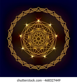 Sacred geometry vector golden symbol on dark background. Design for logo, game, cover, card.