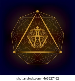 Sacred geometry vector golden symbol on dark background. Design for logo, game, cover, card.