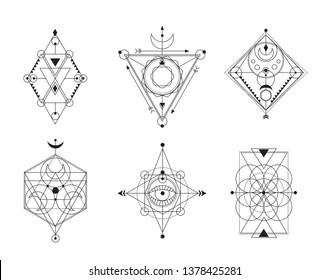 sacred geometry vector illustration black and white  set. Good for logo, design of yoga mat and clothes. Boho style.