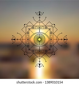 sacred geometry vector illustration blurred sea background. Good for logo, design of yoga mat and clothes. Boho style.