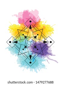 sacred geometry vector illustration element on watercolor background. Good for logo, design of yoga mat and clothes. Boho style.