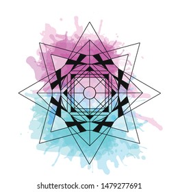 sacred geometry vector illustration element on watercolor background. Good for logo, design of yoga mat and clothes. Boho style.