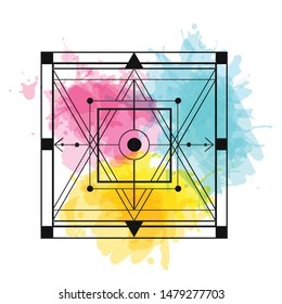 sacred geometry vector illustration element on watercolor background. Good for logo, design of yoga mat and clothes. Boho style.