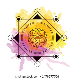 sacred geometry vector illustration element on watercolor background. Good for logo, design of yoga mat and clothes. Boho style.