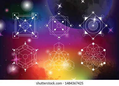 sacred geometry vector illustration on spacy background. Good for logo, design of yoga mat and clothes. Boho style.