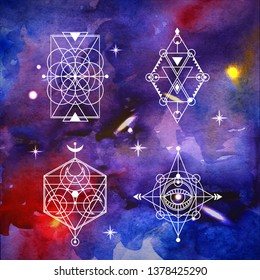 sacred geometry vector illustration set with watercolor spice background. Good for logo, design of yoga mat and clothes. Boho style.