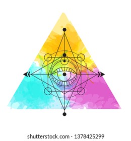sacred geometry vector illustration with watercolor background. Good for logo, design of yoga mat and clothes. Boho style.