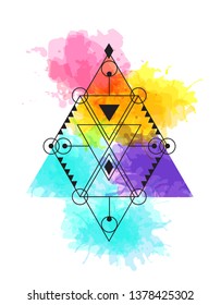 sacred geometry vector illustration with watercolor background. Good for logo, design of yoga mat and clothes. Boho style.
